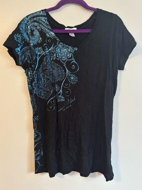 Ti Treasure Island Paisley Metallic Blue Floral Black Cotton Y2K T-shirt Size XL